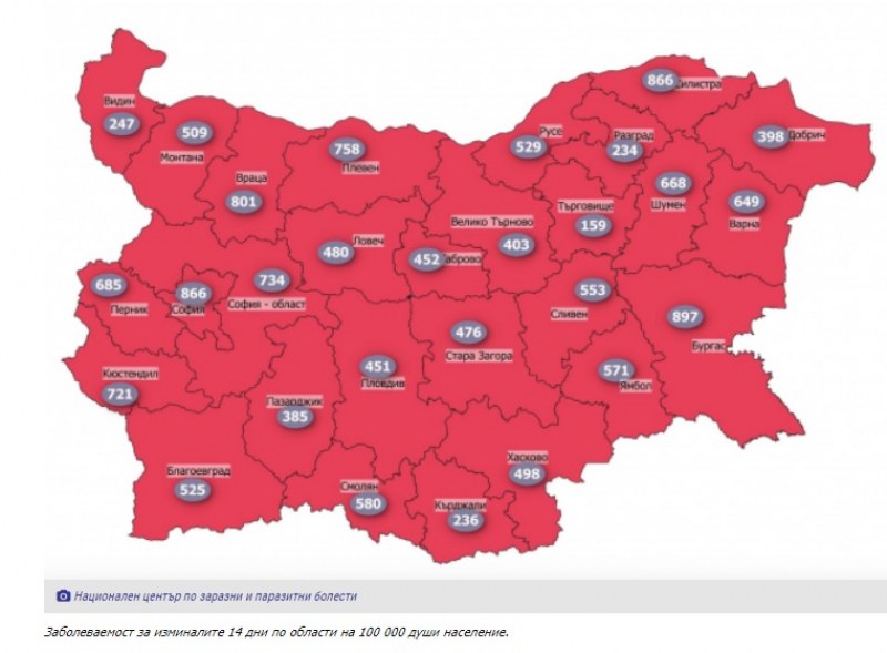 Картата на България почервеня. Къде ковид ситуацията е най-тежка?