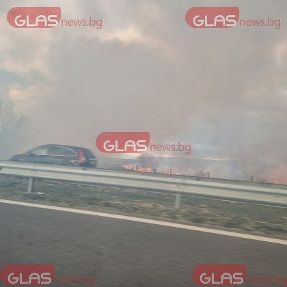 Пожар гори на магистрала Тракия Запалили са се сухи