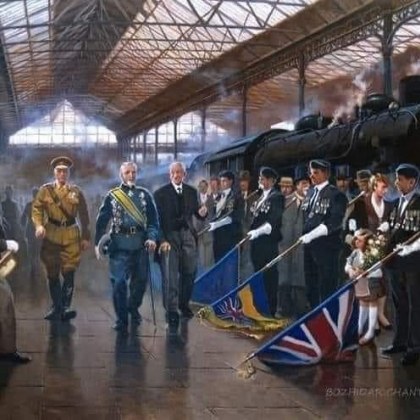 На картината 1936г на гара Виктория в Лондон лорд Милн