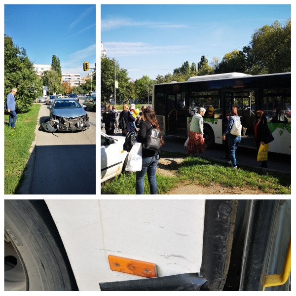 Жесток удар в София! Автобус заклещи кола и й смъкна предницата СНИМКИ