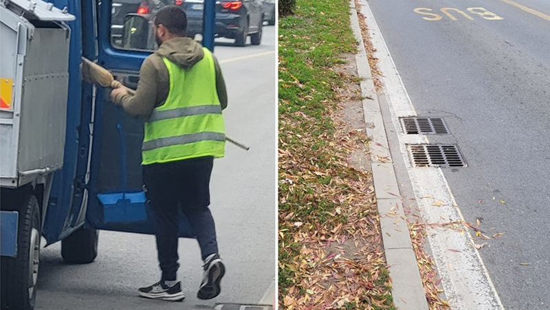 Служител по чистотата замита листа около шахтите в София СНИМКИ