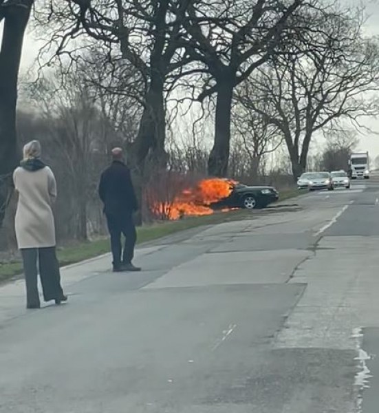 Кола избухна в пламъци на път във Варненско СНИМКИ