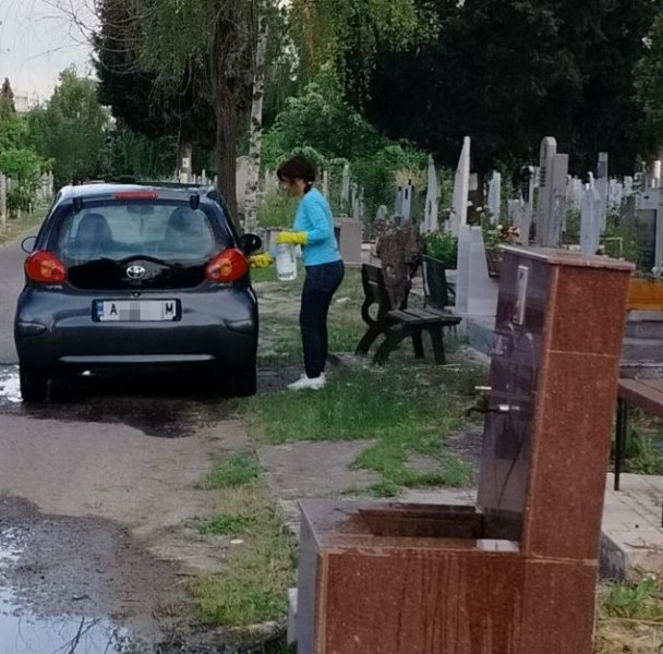 Жена е заснета да мие колата си в гробищен парк.