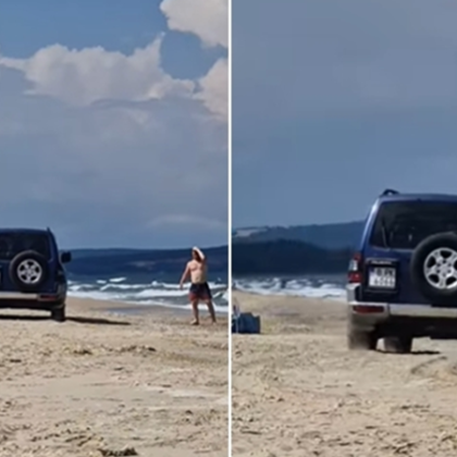 Клип на автомобил който се движи по пясъчна плажна ивица