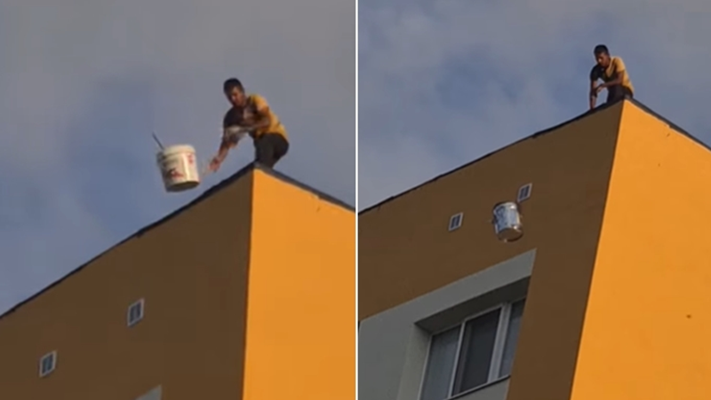 Строителен работник хвърля кофи от покрив на блок в София ВИДЕО
