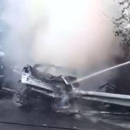 Кола се вряза в мантинела и изгоря СНИМКИ