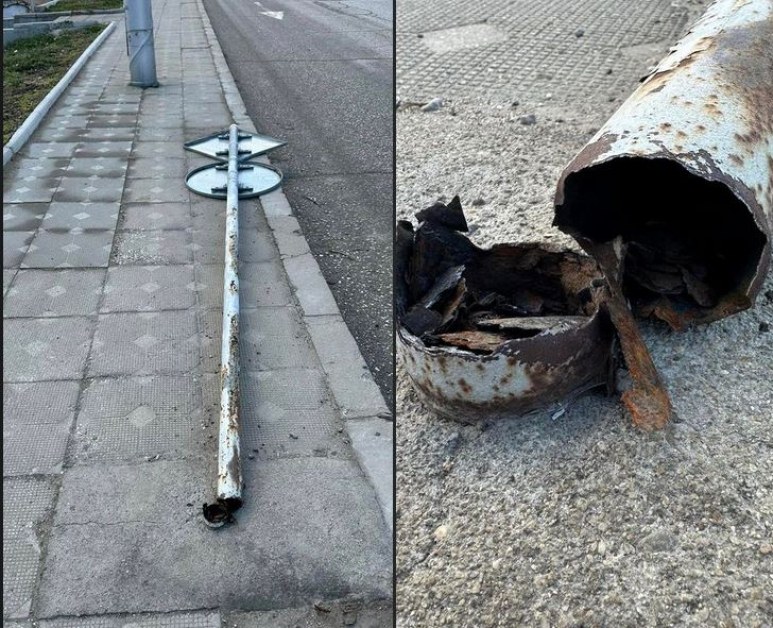 Пловдивски пътен знак не устоя на природата - рухна СНИМКИ