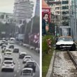 ВИДЕО показва как кола се озова на трамвайните релси в София