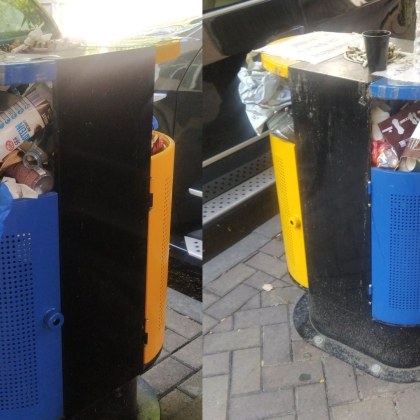 Този кош за боклук поставен срещу входа на Руската гимназия не