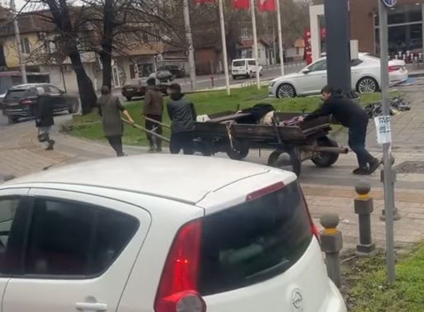 Европейска гледка: Деца дърпат каруца по тротоар в Пловдив ВИДЕО
