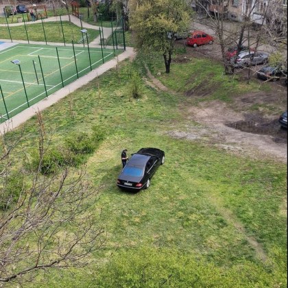 Снимка на черен Мерцедес спрян директно върху тревна площ в
