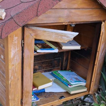 Къщичката за свободен книгообмен разположена пред Народно читалище Отец Паисий