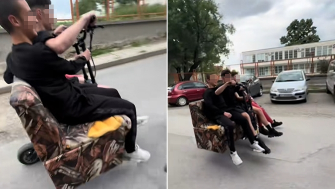 Опасно забавление: Младежи се возят на диван, монтиран върху тротинетка ВИДЕО