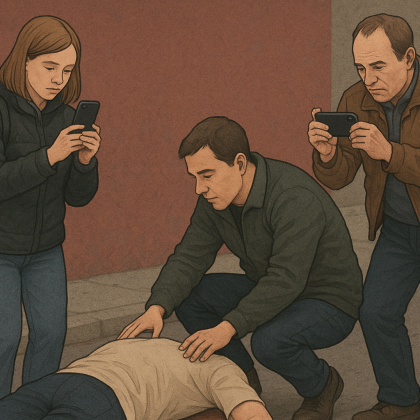 На земята лежи човек. Някои помогнаха. Други снимаха