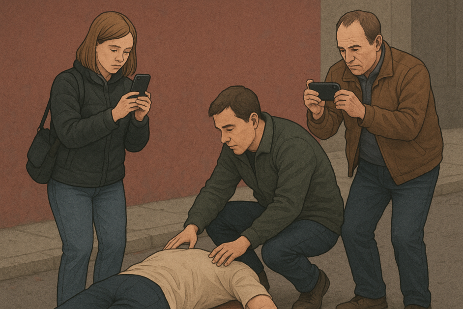 На земята лежи човек. Някои помогнаха. Други снимаха
