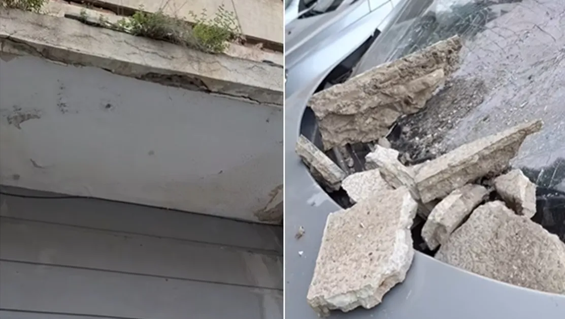 Парчета мазилка се откъртиха от блок и паднаха върху кола в Кюстендил ВИДЕО
