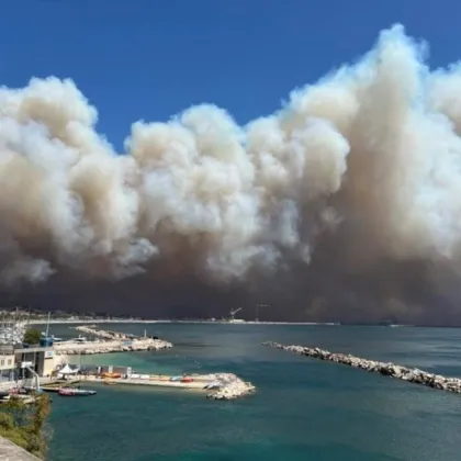 Бързо разпространяващ се горски пожар раздухван от бурни ветрове бушува