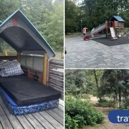 Жена водеща скитнически начин на живот обитава детска площадка в