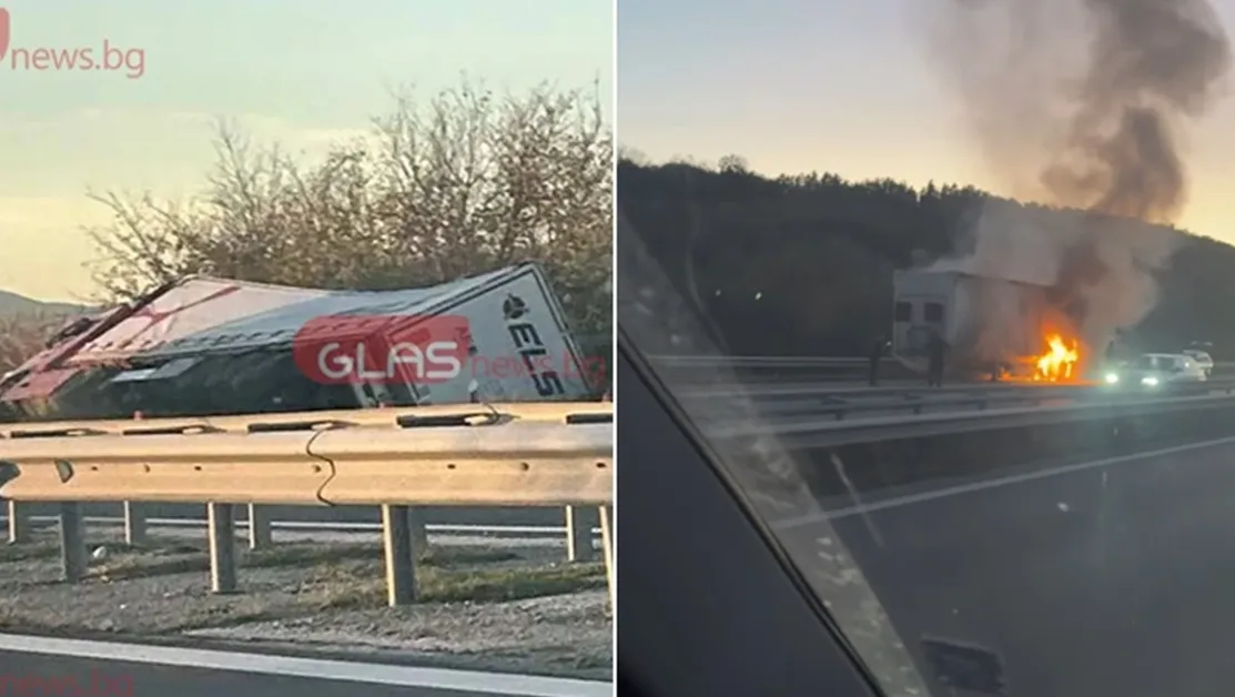 Драма на АМ "Тракия" - камион се преобърна, ремарке лумна в пламъци СНИМКИ+ВИДЕО