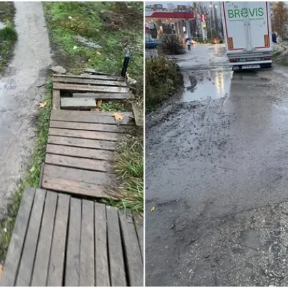 Вместо нормална настилка - палети, локви и риск за пешеходците във Велико Търново