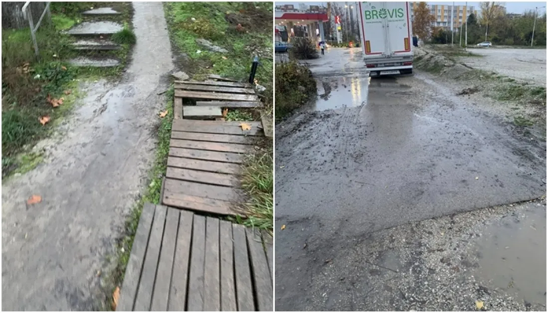 Вместо нормална настилка - палети, локви и риск за пешеходците във Велико Търново