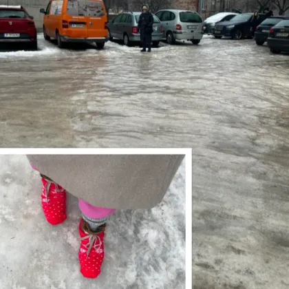 Дебел слой лед по улиците около блок Родина в кв