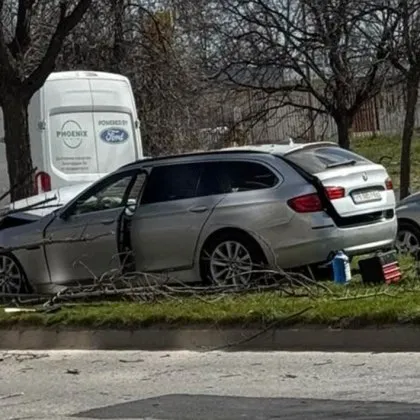 Тежък инцидент в Пловдив! БМВ е с разбита предница, дърво е отнесено СНИМКИ