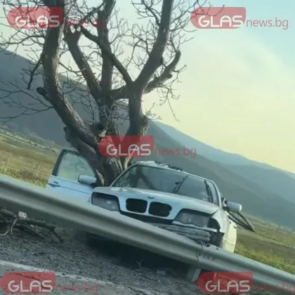 Жесток удар край Розино: BMW излетя от пътя и се заби в дърво, колата се качи върху мантинелата