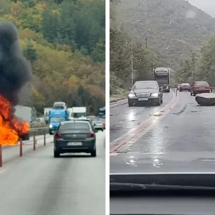 Затруднения по път I-1! Кола пламна край Лютидол, скала падна край тунел "Кривия" ВИДЕA