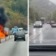 Затруднения по път I-1! Кола пламна край Лютидол, скала падна край тунел "Кривия" ВИДЕA