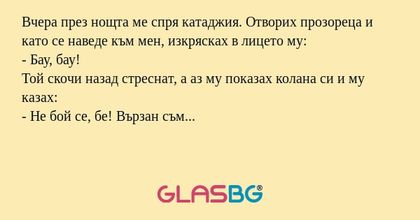 Вчера през нощта ме спря катаджия. Отворих прозореца и като се наведе към мен, изкрясках в лицето му:
- Бау, бау!
Той скочи назад стреснат, а аз му показах колана си и му казах:
- Не бой се, бе! Вързан съм...