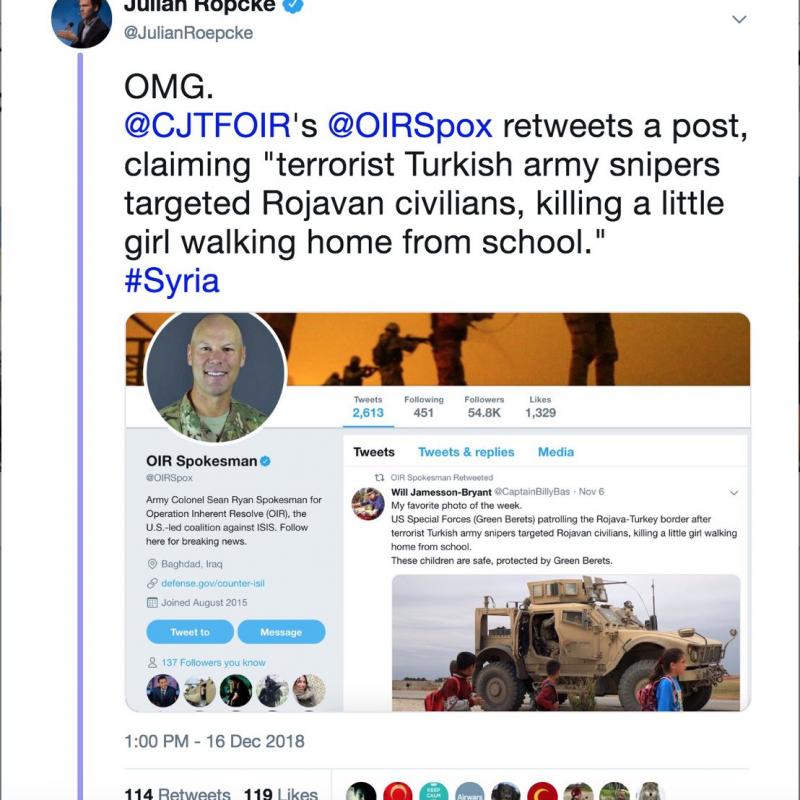Daily Sabah: Говорителят на американската операция в Сирия обяви Турция за терористи