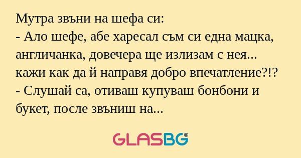 Мутра звъни на шефа си: - Ало шефе...