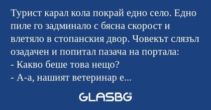 Турист карал кола покрай едно село...