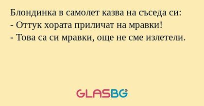 Блондинка в самолет казва на съседа...