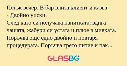 Петък вечер. В бар влиза клиент...