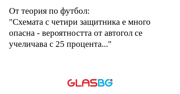 От теория по футбол:
"Схемата с четири защитника е много опасна - вероятността от автогол се учеличава с 25 процента..."