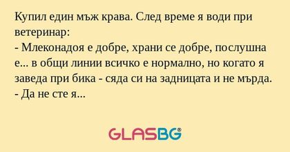Купил един мъж крава. След време...