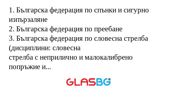 1. Българска федерация по спънки и сигурно изпързаляне
2. Българска федерация по преебане
3. Българска федерация по словесна стрелба (дисциплини: словесна
стрелба с неприлично и малокалибрено попръжие и словесна стрелба с
въздушна псувня)
4. Българск