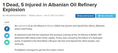 Един човек загина и седем ранени при експлозия в нефтена рафинерия в Албания