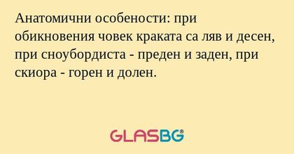 Анатомични особености: при обикновения човек краката са ляв и десен, при сноубордиста - преден и заден, при скиора - горен и долен.