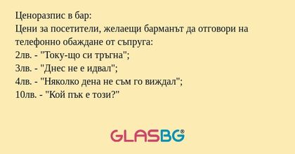 Ценоразпис в бар: Цени за посетители...