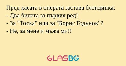 Пред касата в операта застава блондинка...