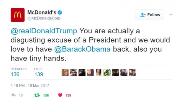От Twitter акаунта на McDonald's – Тръмп е гнусен, искаме Обама