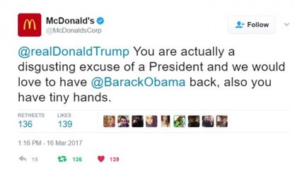 От Twitter акаунта на McDonald's – Тръмп е гнусен, искаме Обама