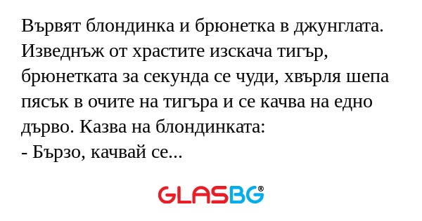 Вървят блондинка и брюнетка в джунглата...