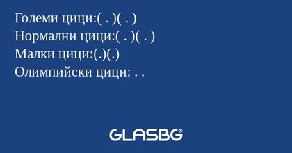 Големи цици:( . )( . )
Нормални цици:( . )( . )
Малки цици:(.)(.)
Олимпийски цици: . .