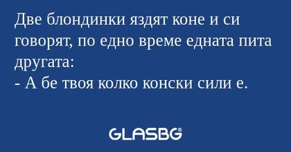 Две блондинки яздят коне и си говорят...