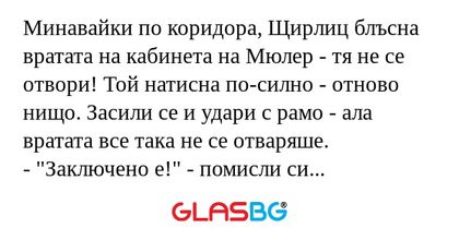 Минавайки по коридора, Щирлиц блъсна...