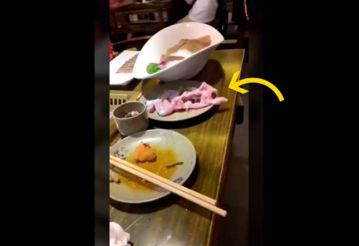 Сурово месо избяга от чиния в азиатски ресторант (Видео)